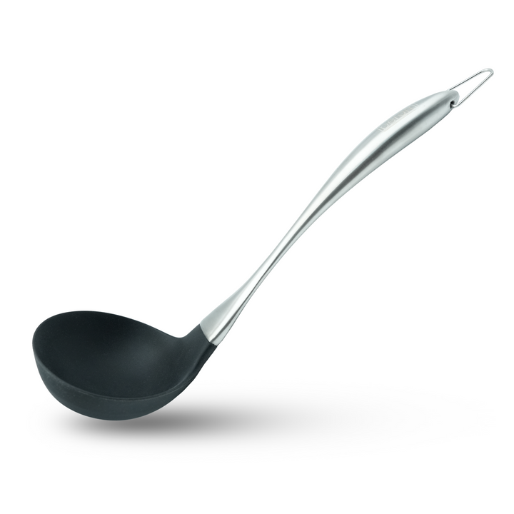 Beram 6 Pcs Black Silicon Spatula Set With Stainless Steel Curvy Handles & Stand Heat Resistant,Shovel,Spoon,Skimmer,Slotted Turner,Soup Ladle and Pasta Server