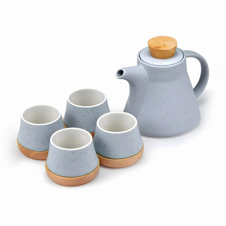 Ceramic Teapot Set with Wooden Coasters Blue