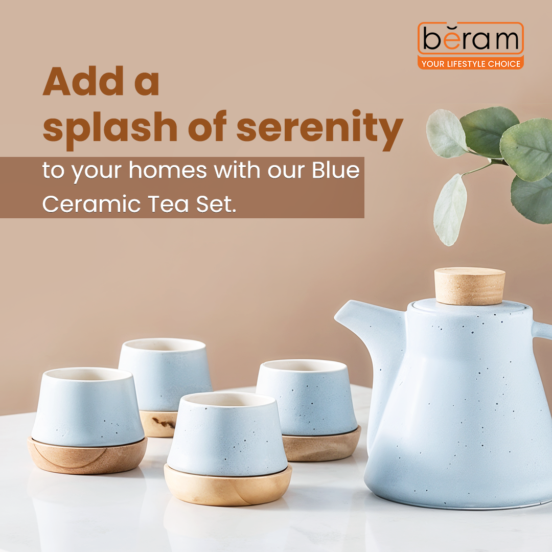 Ceramic Teapot Set with Wooden Coasters Blue