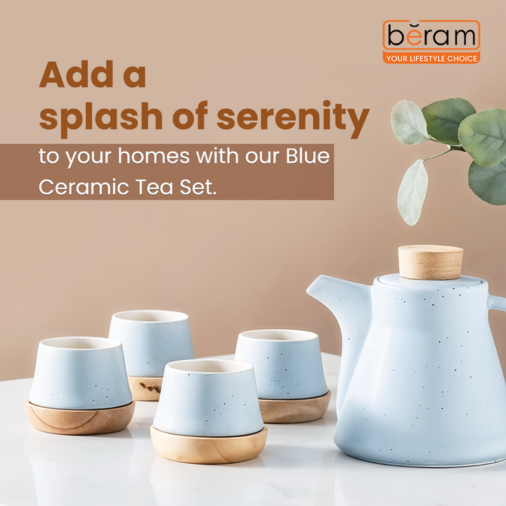 Ceramic Teapot Set with Wooden Coasters Blue