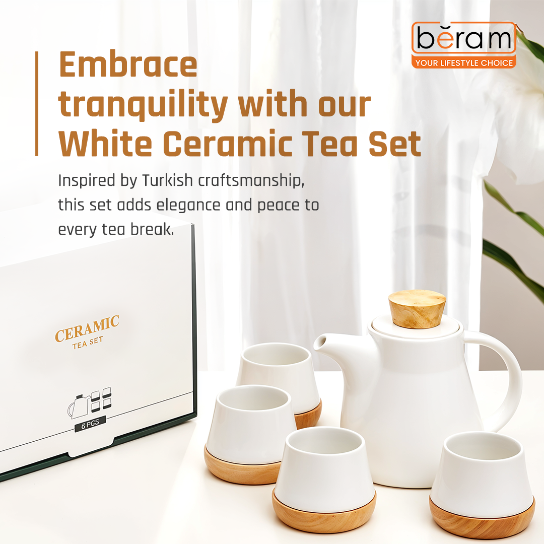 Ceramic Tea Set with Wooden Coasters White