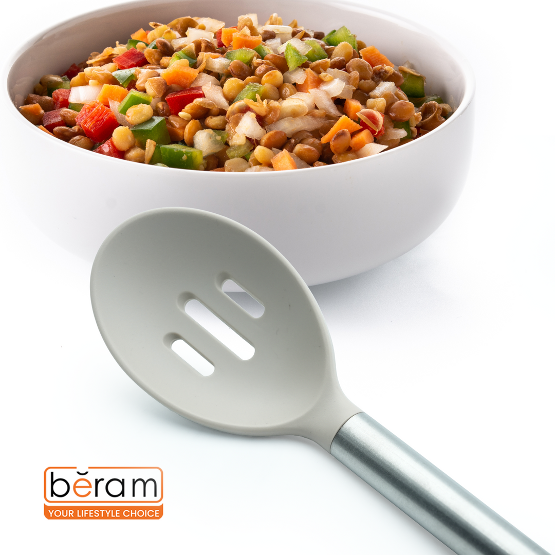 Beram 9Pcs Silicone Kitchen Utensil Set Heat-Resistant Cooking Tools with Stainless Steel & Wooden Handles BPA-Free, Non-Stick Safe for cooking baking & more.(BEIGE) (Set of 9)