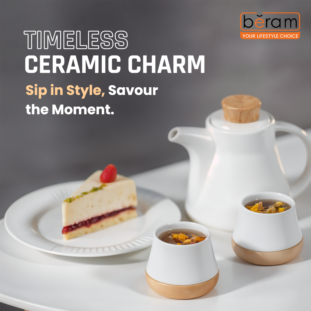 Ceramic Tea Set with Wooden Coasters White