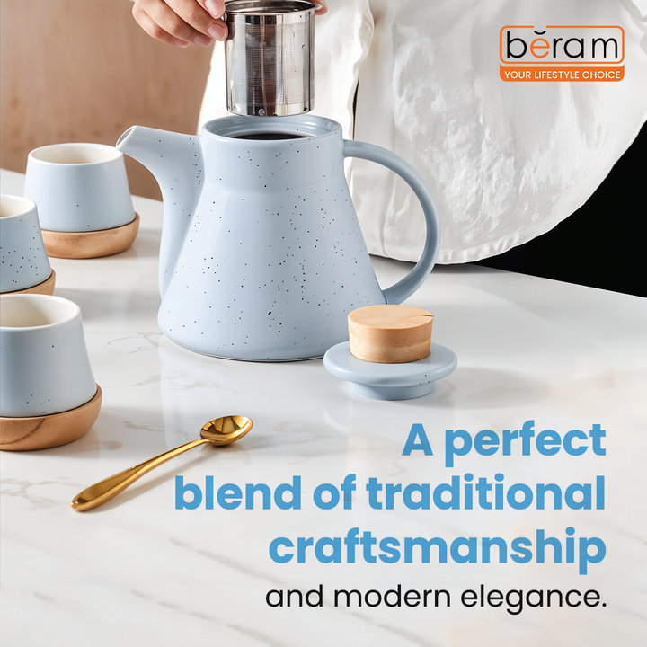 Ceramic Teapot Set with Wooden Coasters Blue