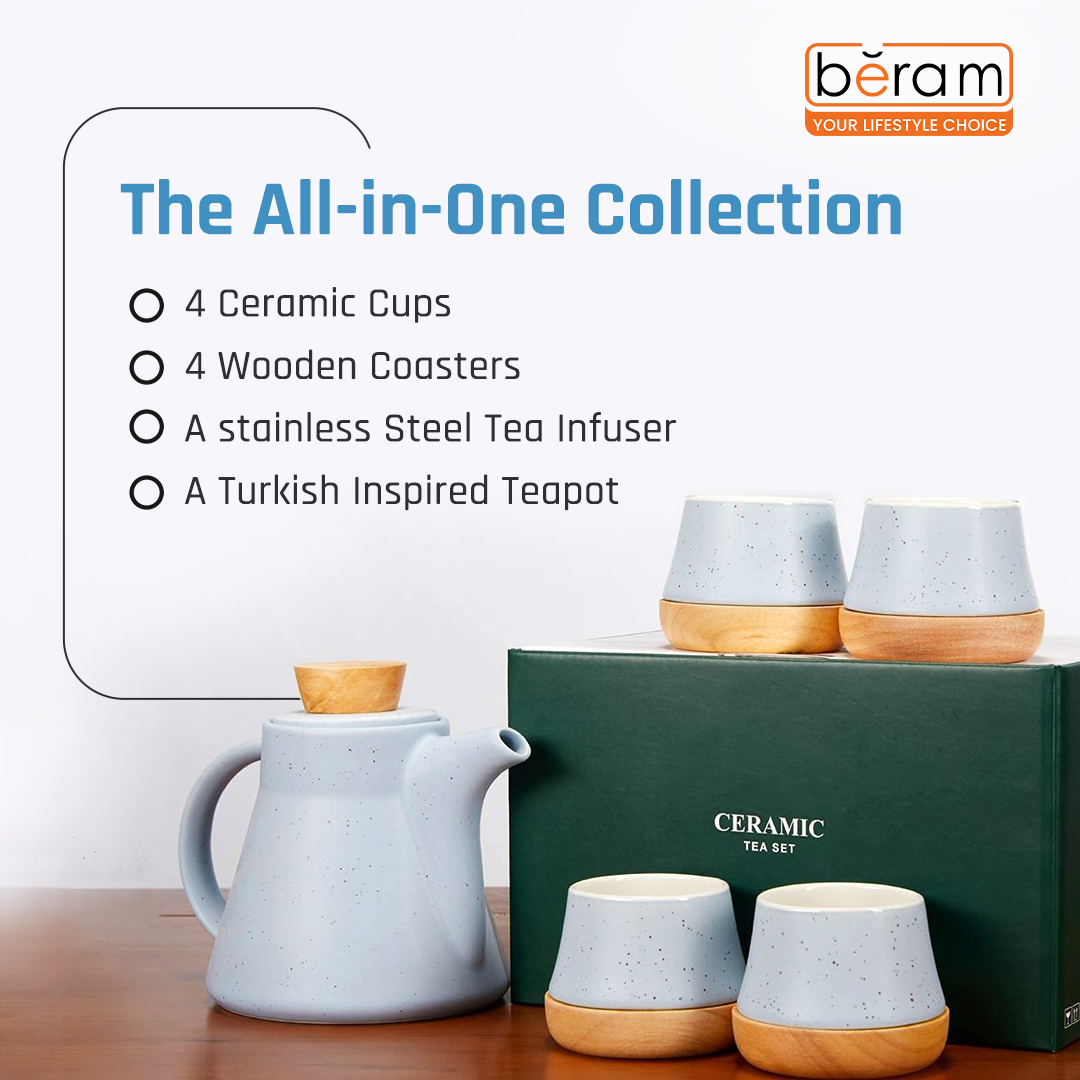 Ceramic Teapot Set with Wooden Coasters Blue