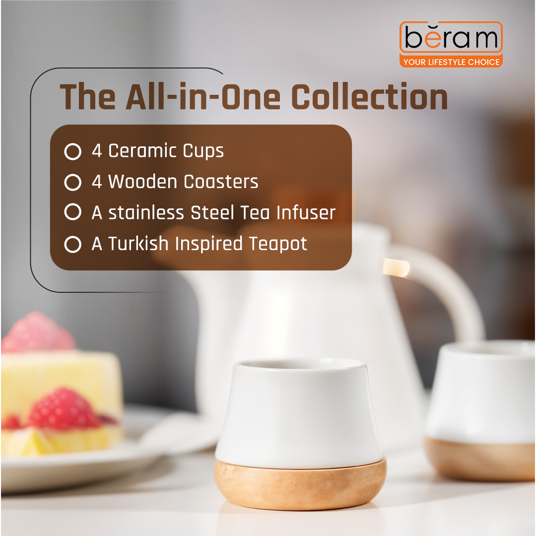 Ceramic Tea Set with Wooden Coasters White