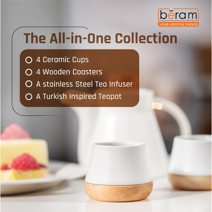 Ceramic Tea Set with Wooden Coasters White