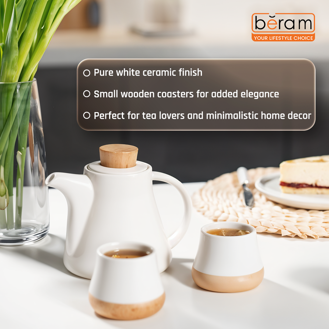 Ceramic Tea Set with Wooden Coasters White