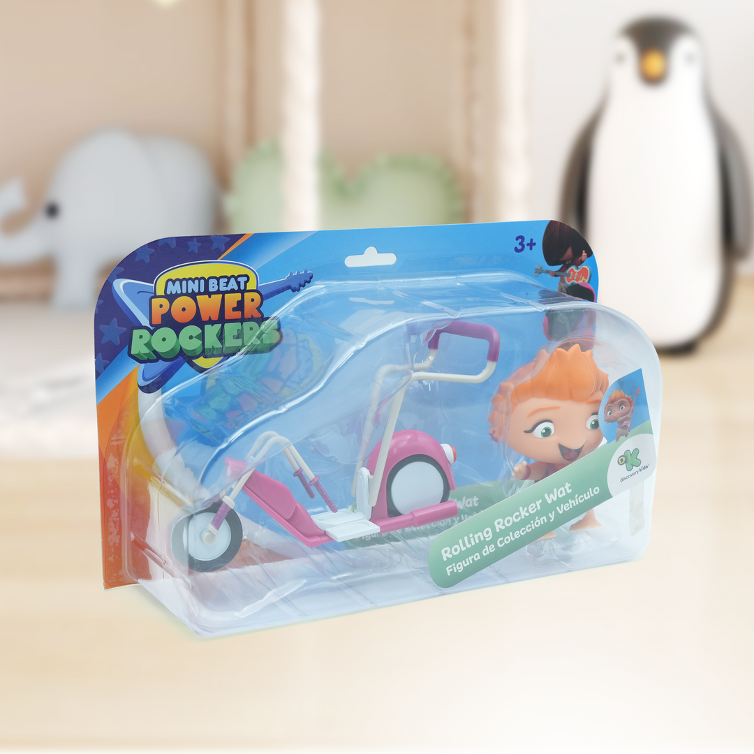 Toy Plus Mini Beat Power Rockers Rolling Rocker Wat – Collectible Action Figure with Motorcycle – Discovery Kids Rock-Themed Toy with Movable Parts – Includes Wat Character & Rock Bike – Fun Roleplay Vehicle Set for Kids Ages 3+