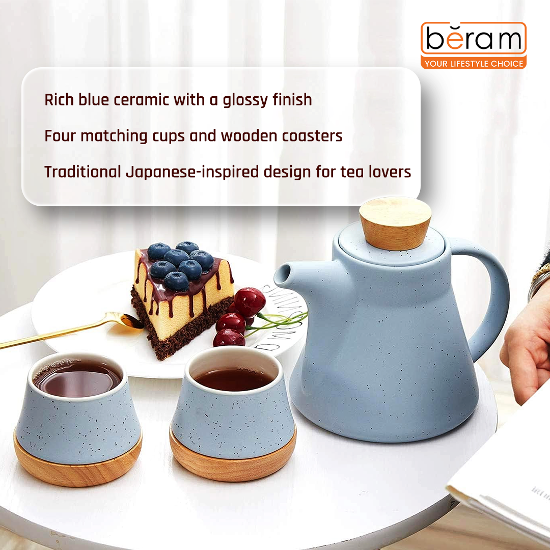Ceramic Teapot Set with Wooden Coasters Blue