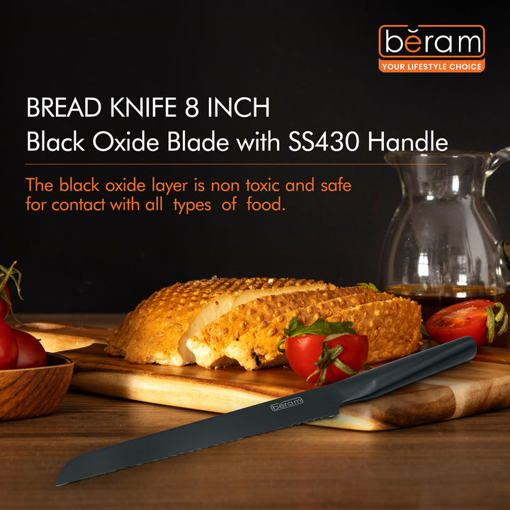 BERAM 8 Inch Bread Knife Black Oxide Coated 3CR13 Stainless Steel Blade with SS430 Handle Non-Stick Scratch-Resistant Serrated Knife for Everyday Bread Bagguettes Cake Slicing
