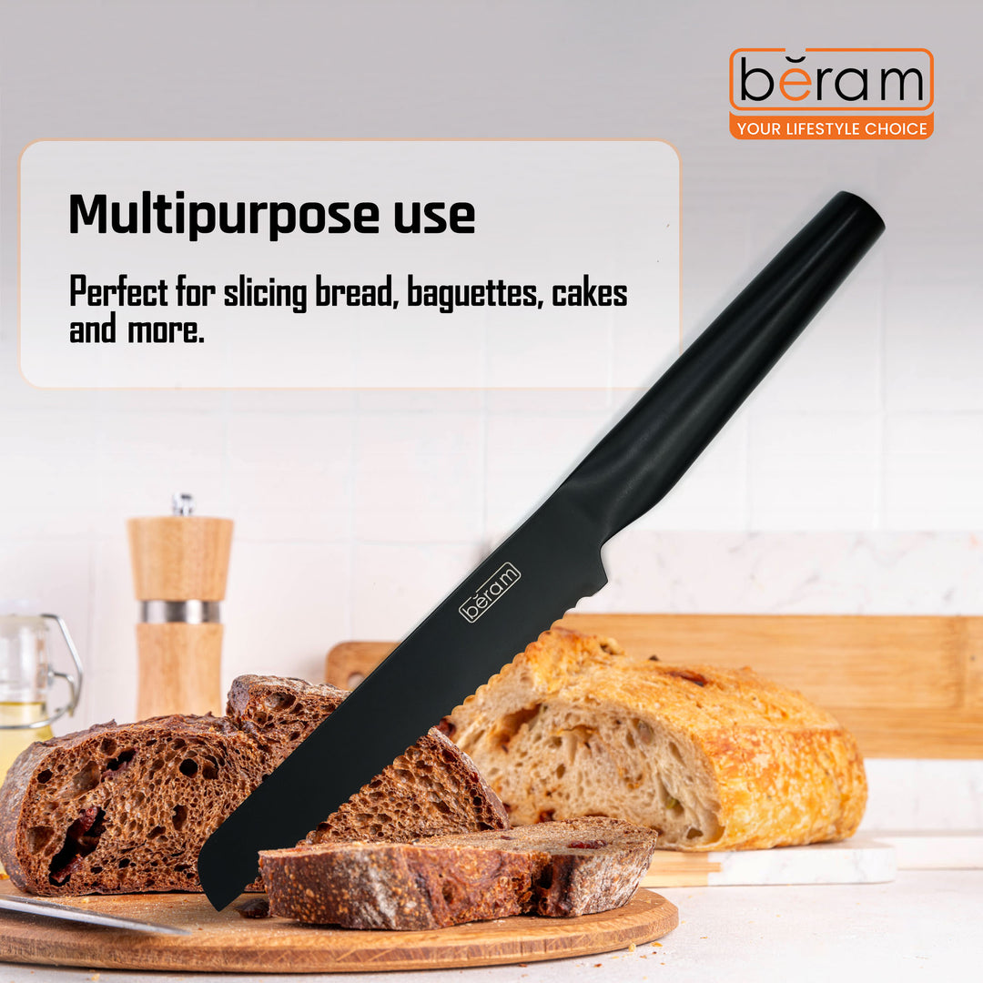 BERAM 8 Inch Bread Knife Black Oxide Coated 3CR13 Stainless Steel Blade with SS430 Handle Non-Stick Scratch-Resistant Serrated Knife for Everyday Bread Bagguettes Cake Slicing