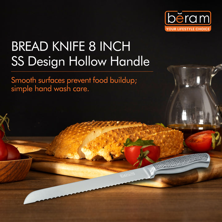 BERAM 8 Inch Bread Knife Serrated 3CR13Stainless Steel Blade with Stylish Stainless Steel 430 Hollow Handle Precision Slicer for Crusty Bread and Baked Goods Sleek and Durable Kitchen Knife