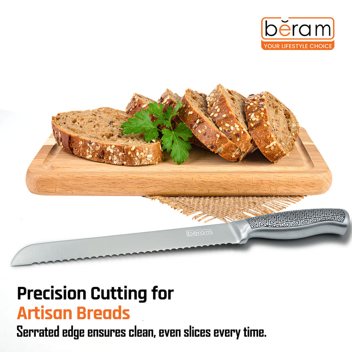 BERAM 8 Inch Bread Knife Serrated 3CR13Stainless Steel Blade with Stylish Stainless Steel 430 Hollow Handle Precision Slicer for Crusty Bread and Baked Goods Sleek and Durable Kitchen Knife