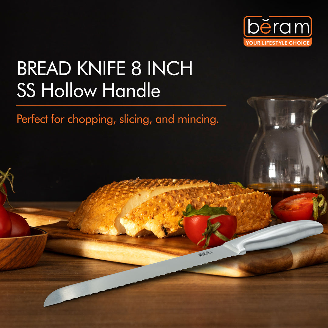 BERAM 8 Inch Bread Knife 3CR13 Stainless Steel Blade Precision Serration Effortless Slicing Durable Stylish Kitchen Knife Perfect for slicing bread baguettes  cakes and more SS hollow handle