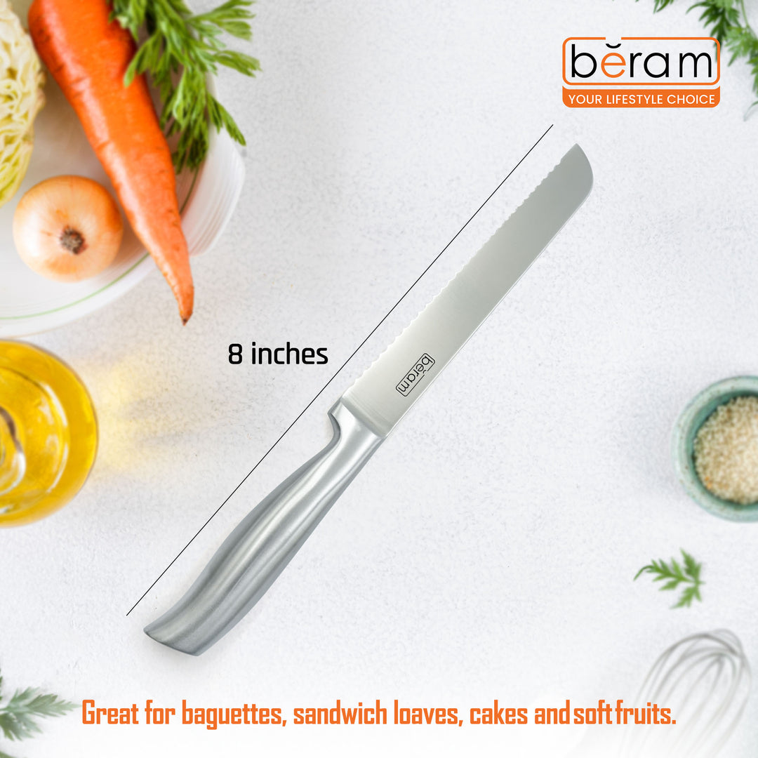 BERAM 8 Inch Bread Knife 3CR13 Stainless Steel Blade Precision Serration Effortless Slicing Durable Stylish Kitchen Knife Perfect for slicing bread baguettes  cakes and more SS hollow handle