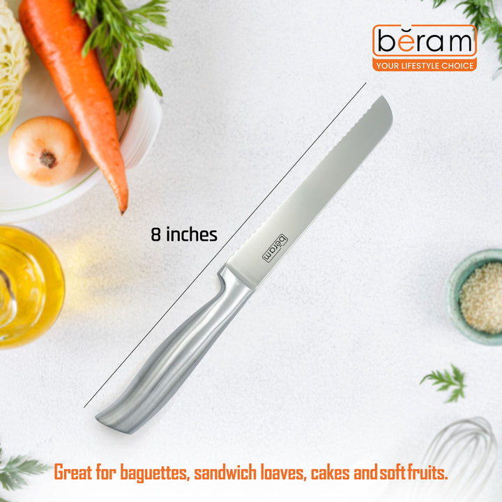 BERAM 8 Inch Bread Knife 3CR13 Stainless Steel Blade Precision Serration Effortless Slicing Durable Stylish Kitchen Knife Perfect for slicing bread baguettes  cakes and more SS hollow handle