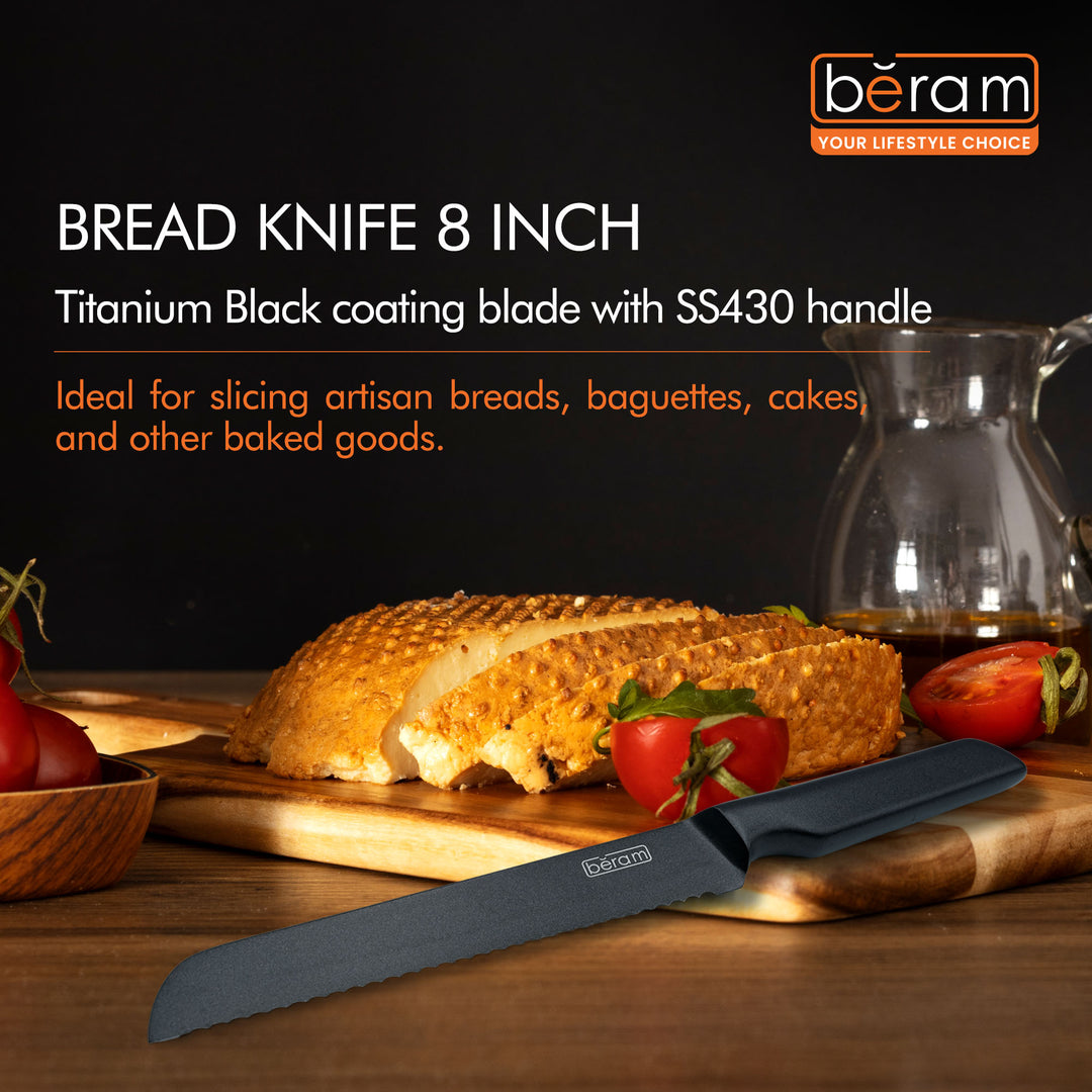 BERAM 8 Inch Bread Knife Titanium Black Coated 3CR13 Premium Stainless Steel Serrated Blade with SS430 Handle Sleek Durable Slicer for Bread  Baked Goods Crusty Loaves