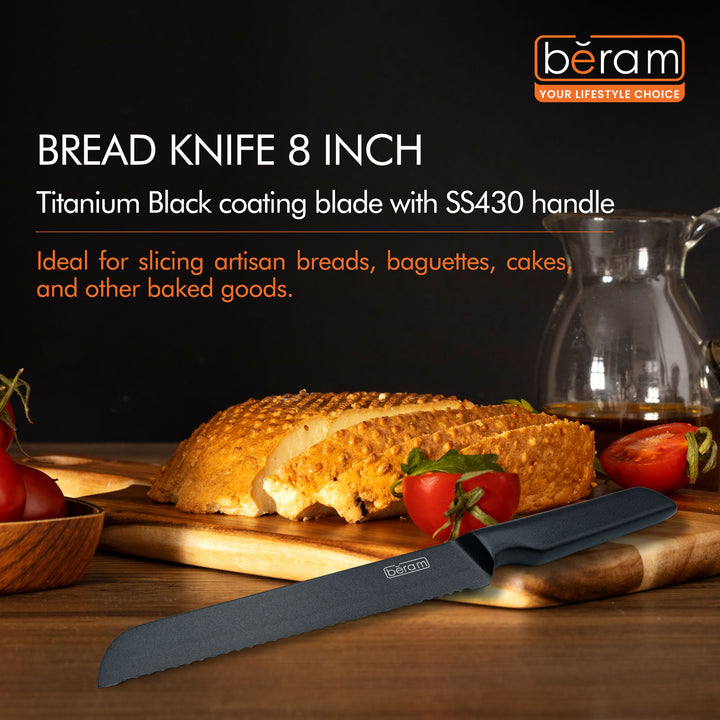 BERAM 8 Inch Bread Knife Titanium Black Coated 3CR13 Premium Stainless Steel Serrated Blade with SS430 Handle Sleek Durable Slicer for Bread  Baked Goods Crusty Loaves
