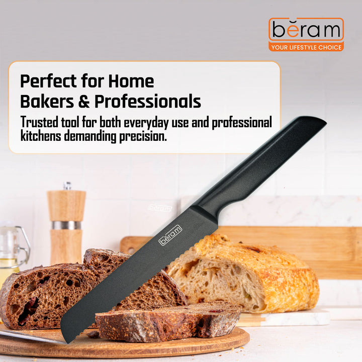 BERAM 8 Inch Bread Knife Titanium Black Coated 3CR13 Premium Stainless Steel Serrated Blade with SS430 Handle Sleek Durable Slicer for Bread  Baked Goods Crusty Loaves