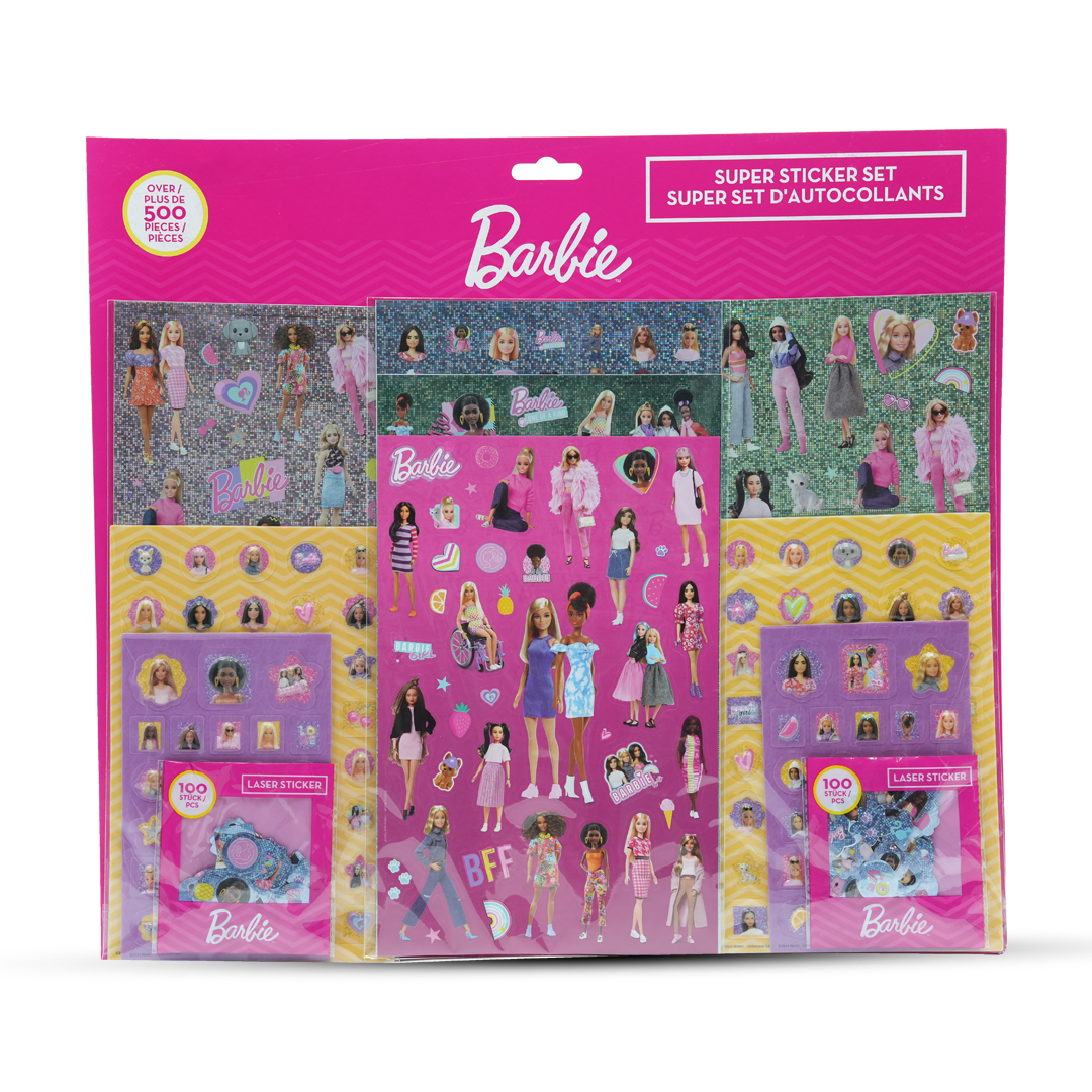 Barbie Super Sticker Set – Over 500 Reusable Stickers with Dolls, Fashion Outfits & Accessories | Includes 100+ Laser Stickers | Creative Dress-Up Activity for Girls Ages 3+ | Official Mattel Barbie Craft Kit