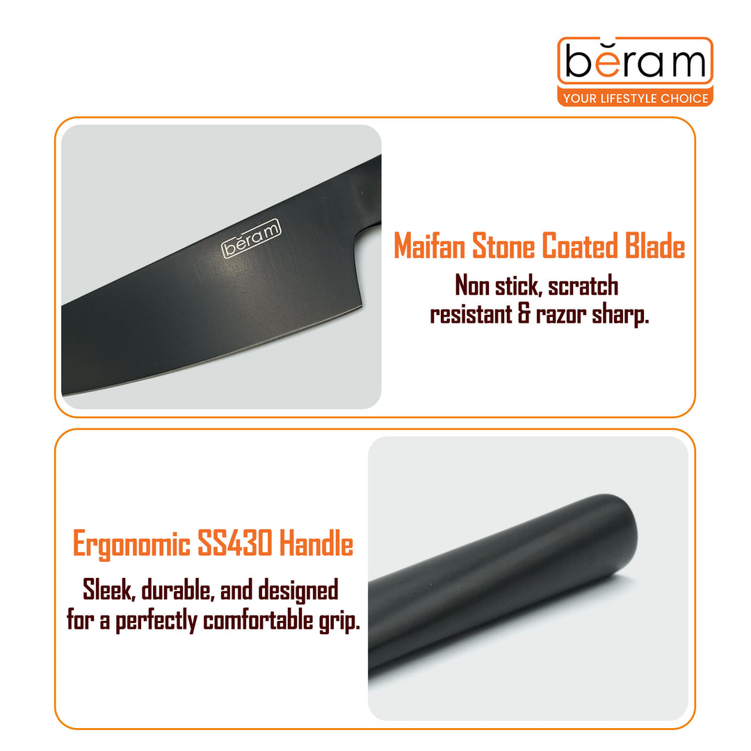BERAM 8 Inch Chef Knife Black Oxide Coated Stainless Steel 3CR 13 Blade with SS430 Handle and Scratch Resistant Coating for Smooth Cutting Stylish and Durable Kitchen Essential