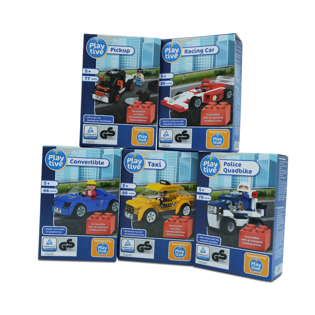 Playtive 5-in-1 Vehicle Building Block Set – Includes Racing Car -86pcs, Pickup -77pcs, Convertible - 64pcs, Taxi - 80pcs & Police Quadbike – 79pcs, 386+ Pieces – Compatible with Standard Bricks – Educational STEM Toy for Kids Ages 5+