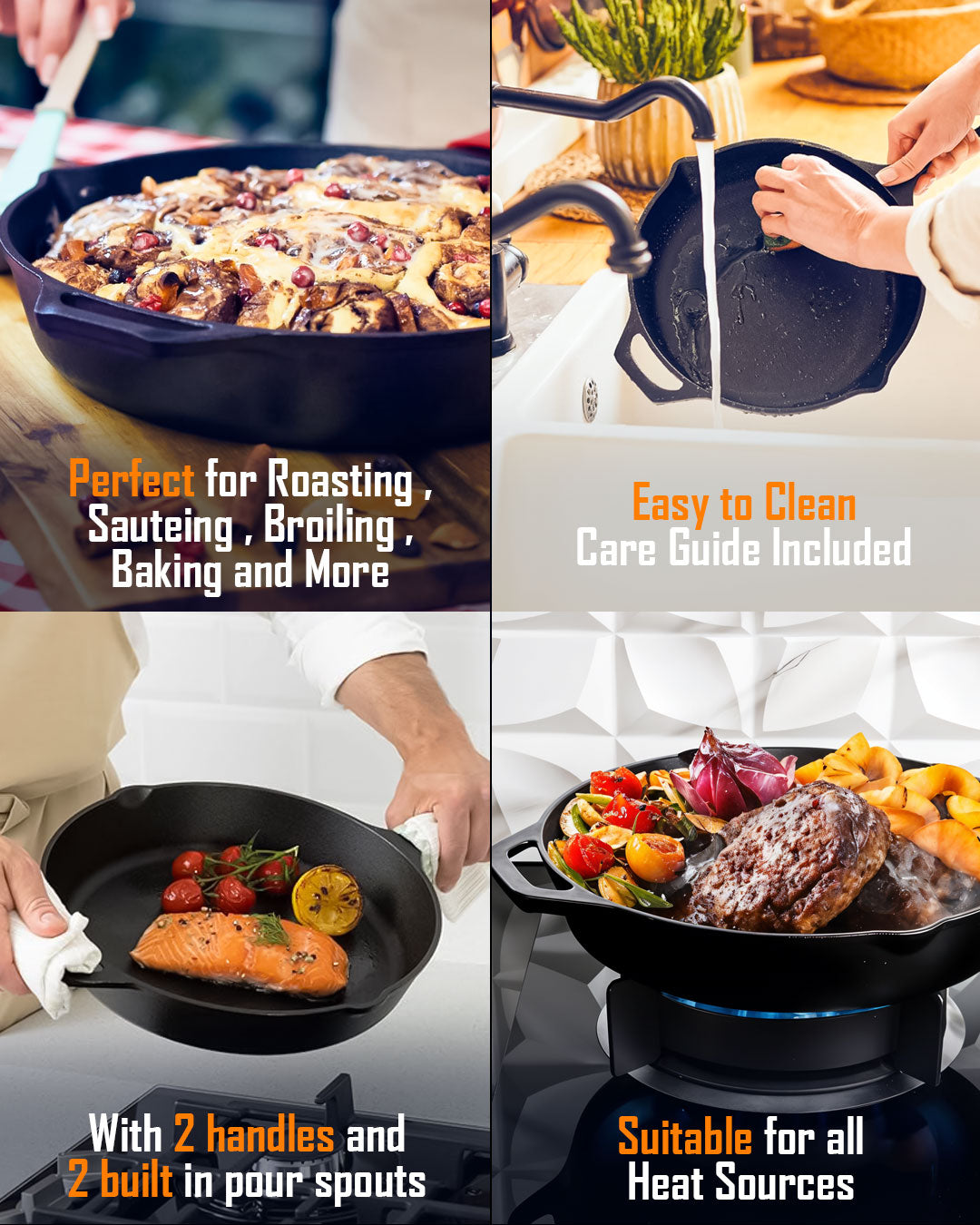 Utopia Kitchen Saute Fry Pan - Chefs Pan, Pre-Seasoned Cast Iron Skillet - Frying Pan 12.5 Inch - Safe Grill Cookware for Indoor & Outdoor Use - Cast Iron Pan - Cooking Gifts for Men & Women (Black)