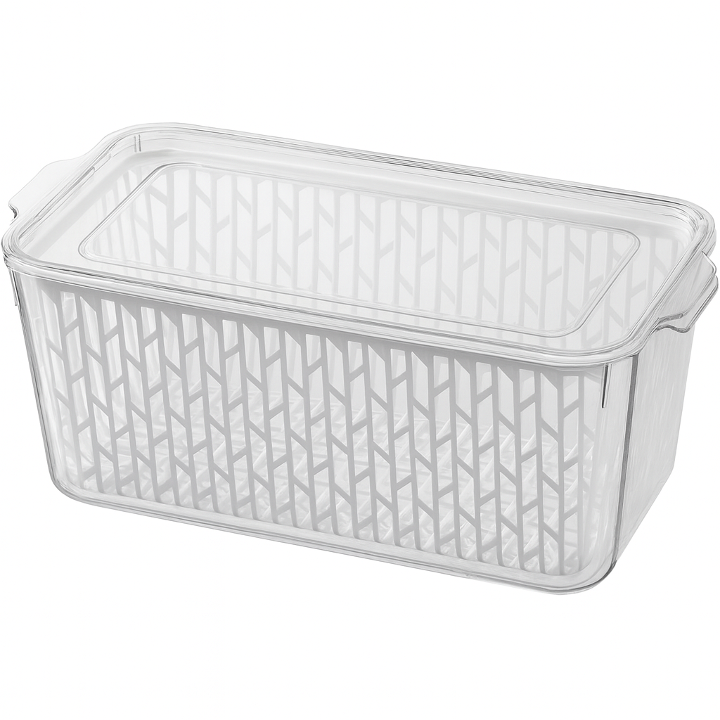 Beram Drain & Store Refrigerator Container Clear Box with Inner Basket Transparent PET Organizer Box with Handles Multipurpose Pantry Fridge Freezer Storage Container BPA-Free Rectangular Basket