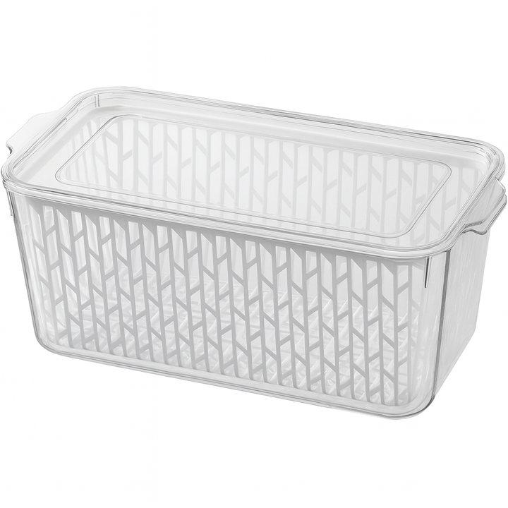 Beram Drain & Store Refrigerator Container Clear Box with Inner Basket Transparent PET Organizer Box with Handles Multipurpose Pantry Fridge Freezer Storage Container BPA-Free Rectangular Basket