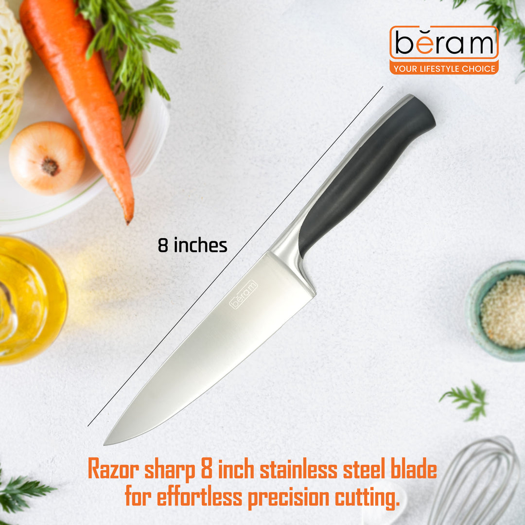 BERAM 8 Inch Professional Chef Knife with ABS Handle 3CR13 Stainless Steel Blade Garnishing Knives Daily Use Sharp Edge Multipurpose Cooking Knife for Chopping Slicing Mincing