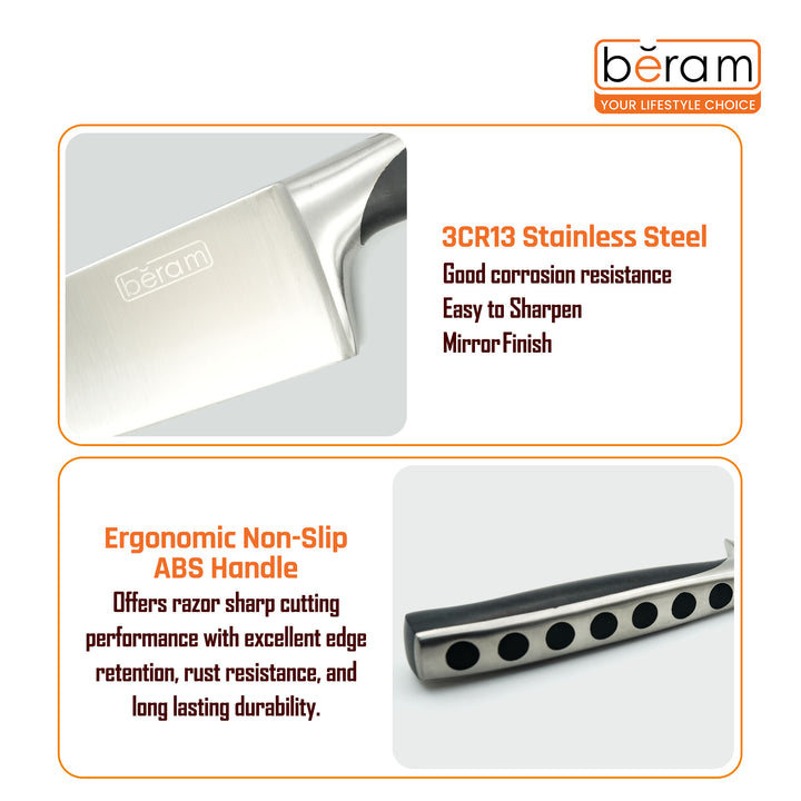 BERAM 8 Inch Professional Chef Knife with ABS Handle 3CR13 Stainless Steel Blade Garnishing Knives Daily Use Sharp Edge Multipurpose Cooking Knife for Chopping Slicing Mincing