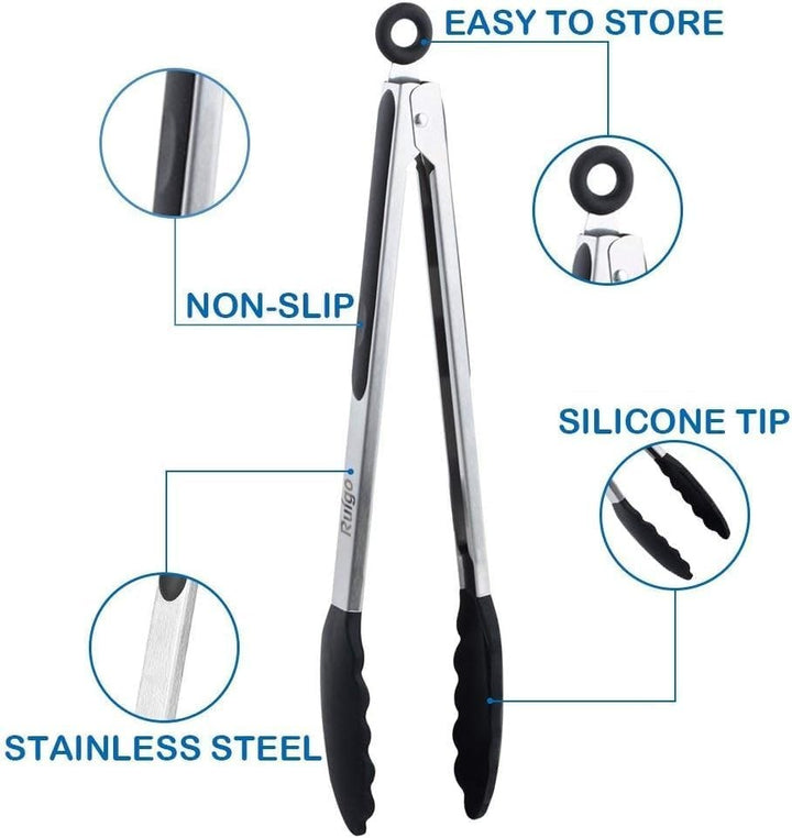 BERAM 270°C Heat Resistant Kitchen Tongs Set of 3- 18/8 Stainless Steel Tongs with Non Stick Silicone Tips 12,9,7 inch for Grilling BBQ Frying Salad and Food Serving Durable Locking Tongs Black