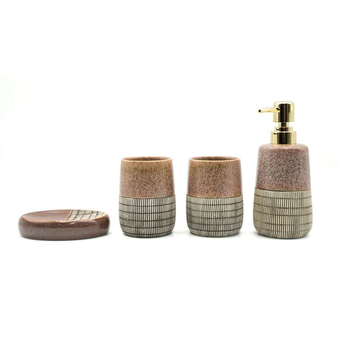Beram 4 Piece Brown & Grey dotted check Ceramic Bathroom & Kitchen Accessory Set Textured Finish with Soap Dispenser Toothbrush Holder Tumbler & Soap Dish Artistic Handcrafted Look for Contemporary Bathrooms