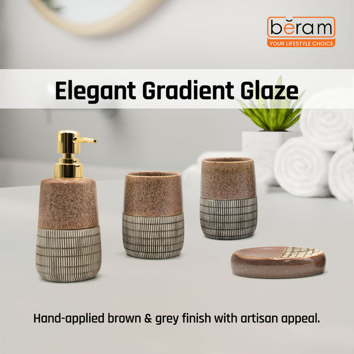 Beram 4 Piece Brown & Grey dotted check Ceramic Bathroom & Kitchen Accessory Set Textured Finish with Soap Dispenser Toothbrush Holder Tumbler & Soap Dish Artistic Handcrafted Look for Contemporary Bathrooms