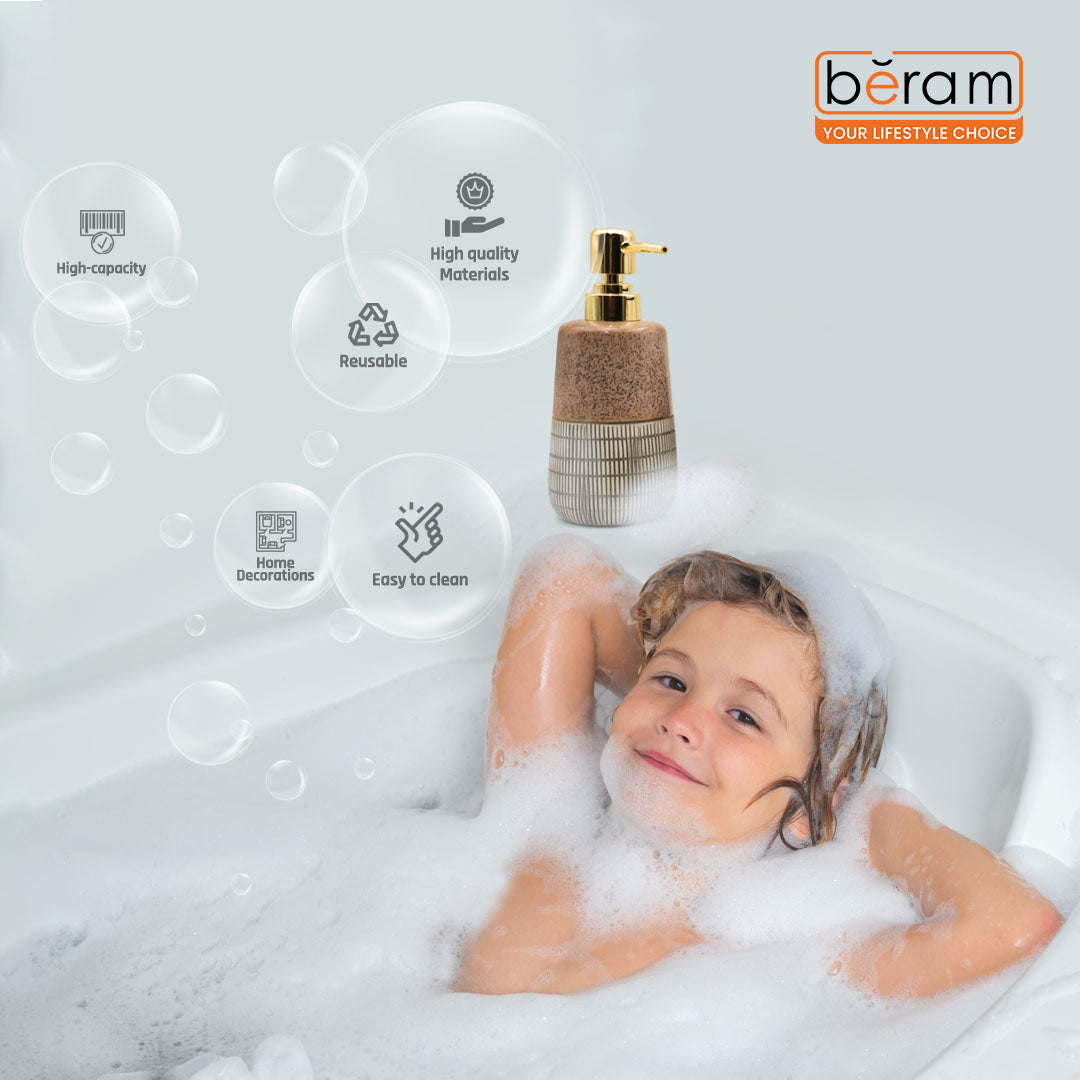 Beram 4 Piece Brown & Grey dotted check Ceramic Bathroom & Kitchen Accessory Set Textured Finish with Soap Dispenser Toothbrush Holder Tumbler & Soap Dish Artistic Handcrafted Look for Contemporary Bathrooms