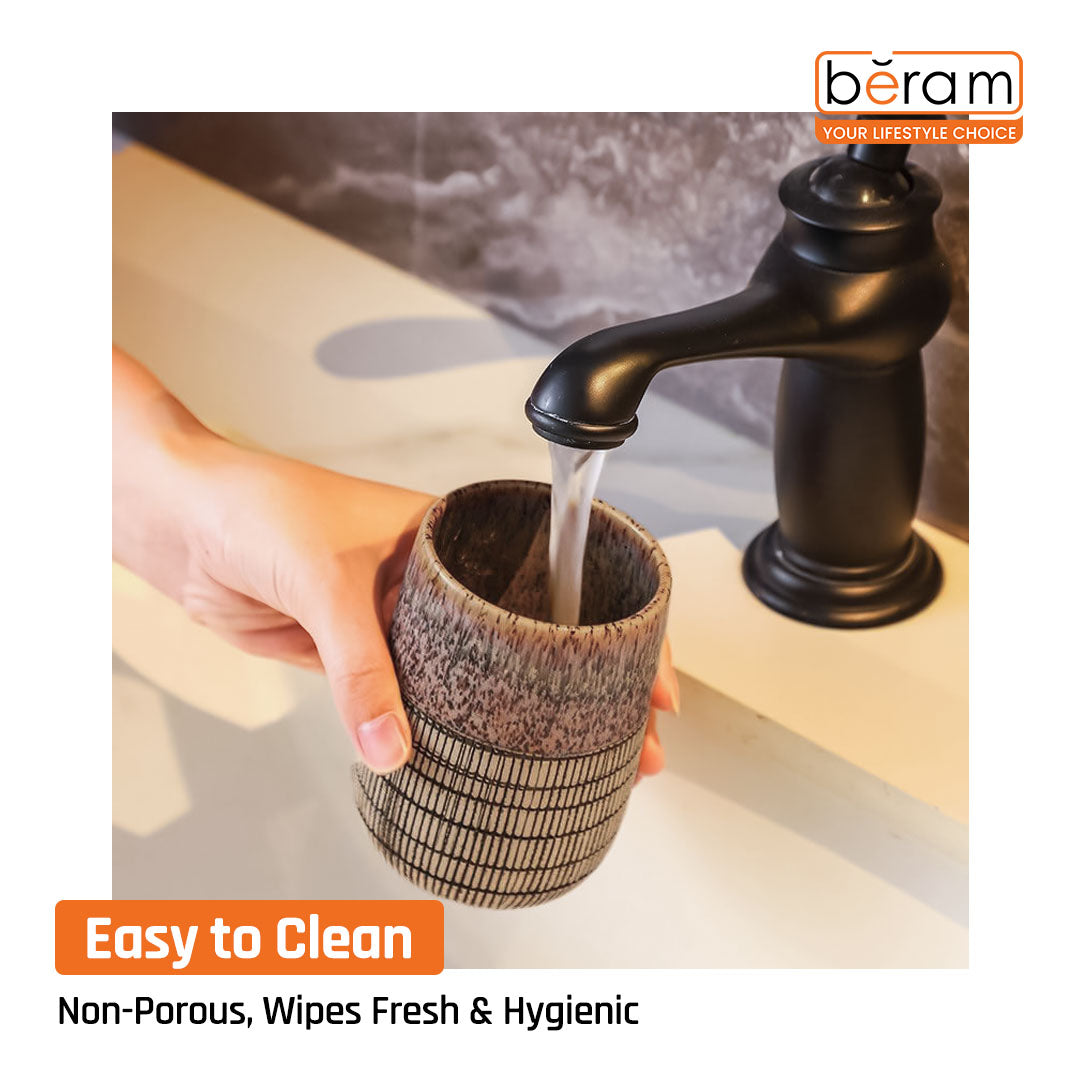 Beram 4 Piece Brown & Grey dotted check Ceramic Bathroom & Kitchen Accessory Set Textured Finish with Soap Dispenser Toothbrush Holder Tumbler & Soap Dish Artistic Handcrafted Look for Contemporary Bathrooms