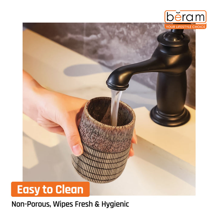 Beram 4 Piece Brown & Grey dotted check Ceramic Bathroom & Kitchen Accessory Set Textured Finish with Soap Dispenser Toothbrush Holder Tumbler & Soap Dish Artistic Handcrafted Look for Contemporary Bathrooms