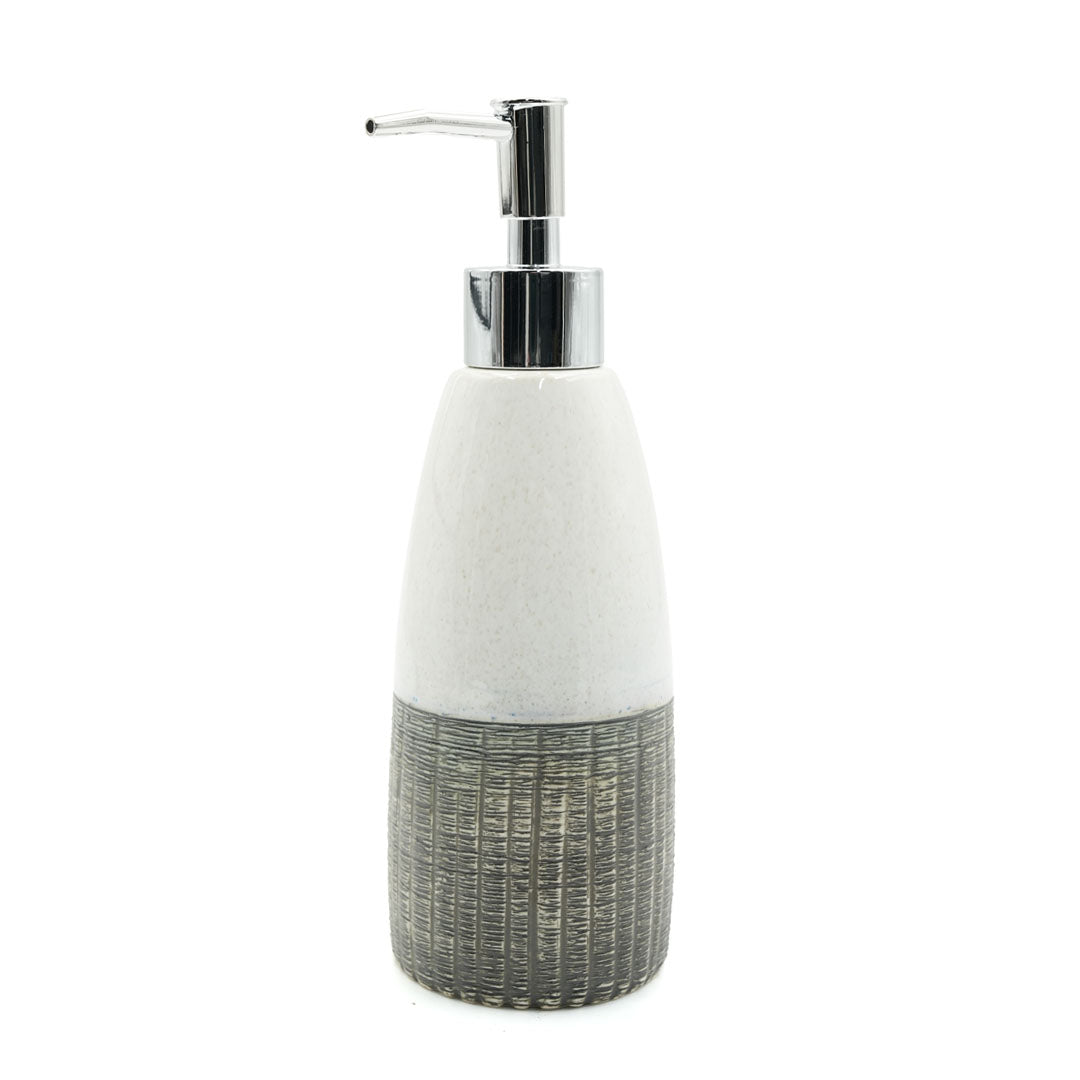 Beram Ceramic Soap Dispenser Bathroom Accessory approx. 340–400ml White & Grey with Dotted Line Design Refillable Lotion or Soap Pump Bottle Rustic Handmade Look for Kitchen Countertops