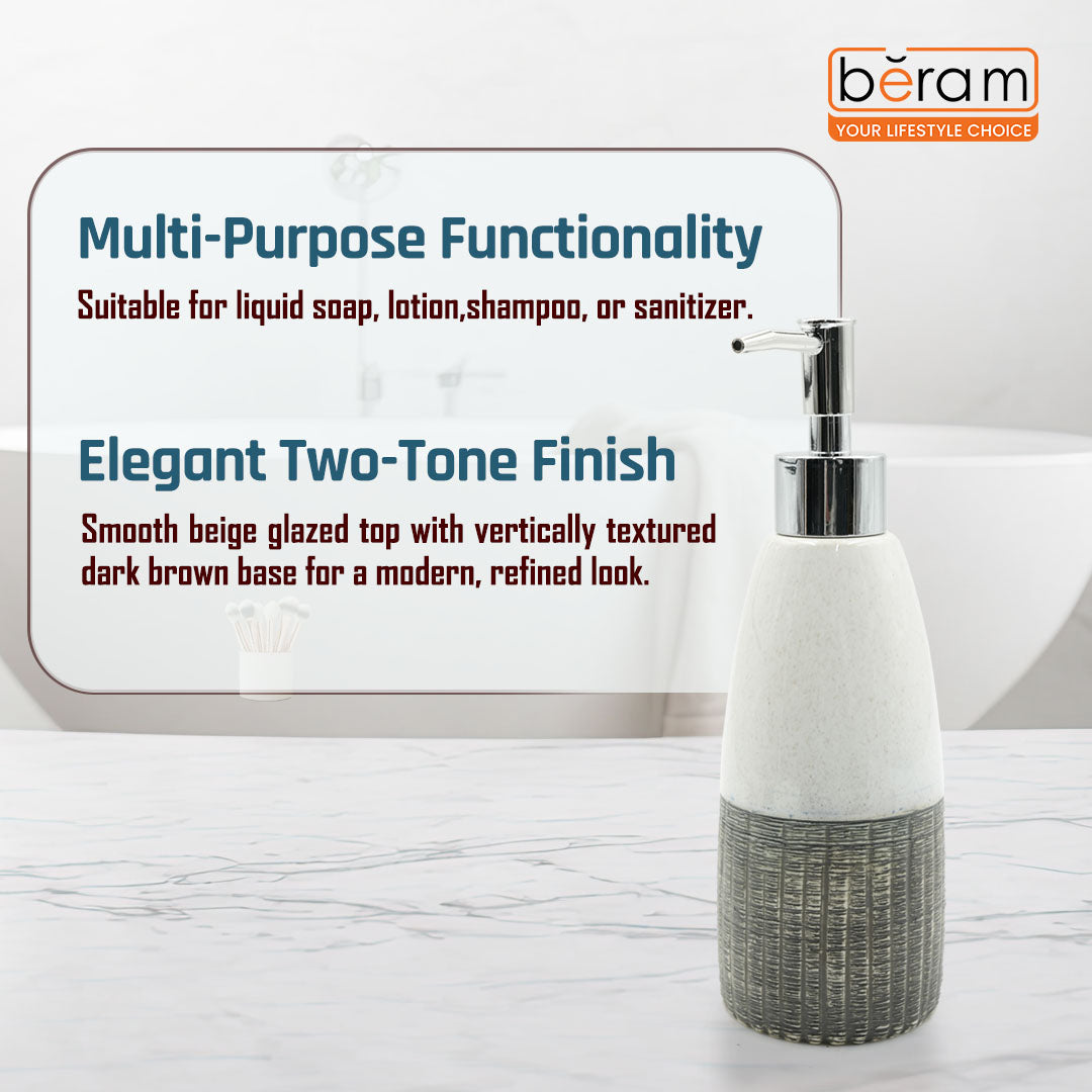 Beram Ceramic Soap Dispenser Bathroom Accessory approx. 340–400ml White & Grey with Dotted Line Design Refillable Lotion or Soap Pump Bottle Rustic Handmade Look for Kitchen Countertops