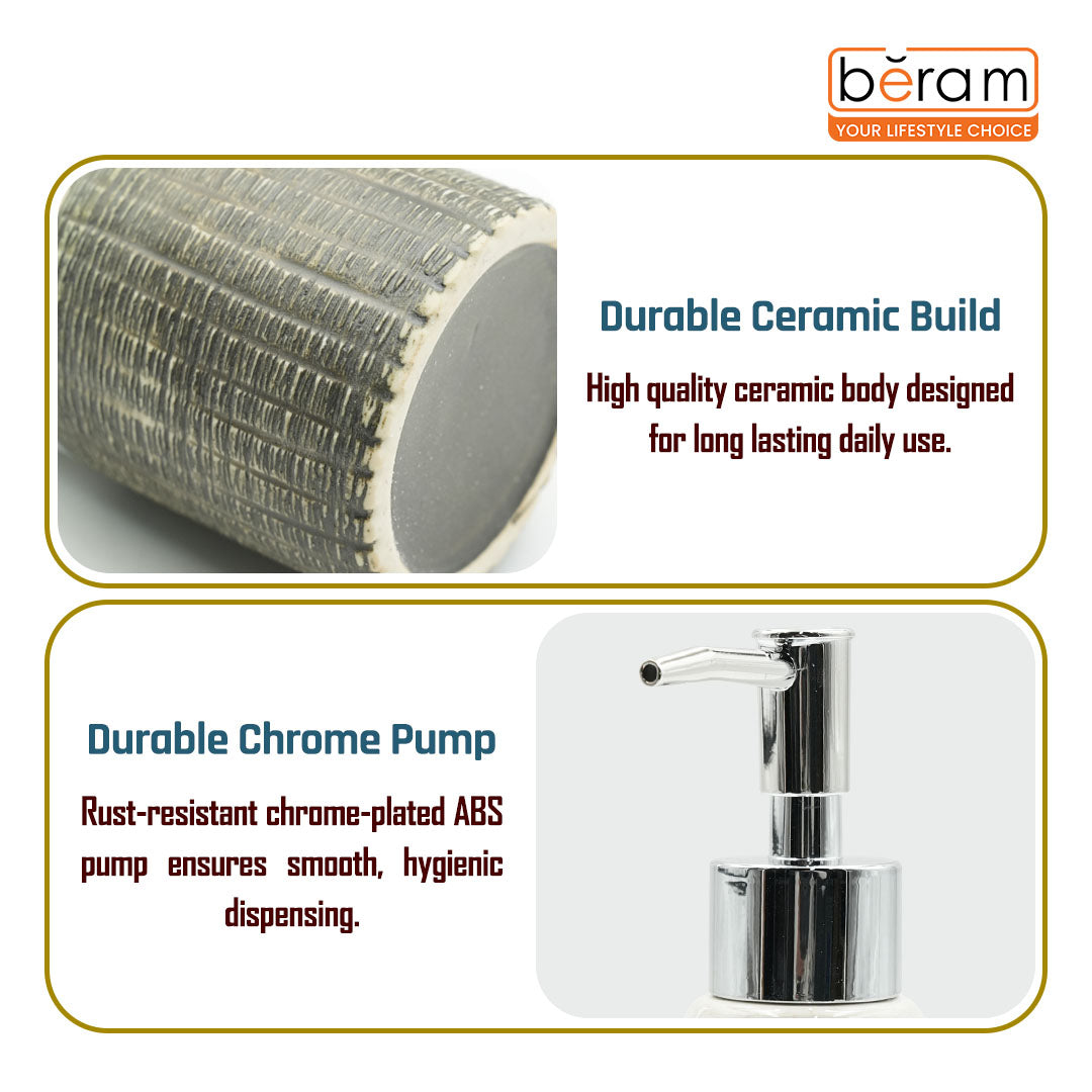Beram Ceramic Soap Dispenser Bathroom Accessory approx. 340–400ml White & Grey with Dotted Line Design Refillable Lotion or Soap Pump Bottle Rustic Handmade Look for Kitchen Countertops