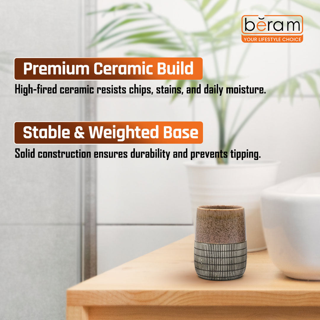 Beram 4 Piece Brown & Grey dotted check Ceramic Bathroom & Kitchen Accessory Set Textured Finish with Soap Dispenser Toothbrush Holder Tumbler & Soap Dish Artistic Handcrafted Look for Contemporary Bathrooms