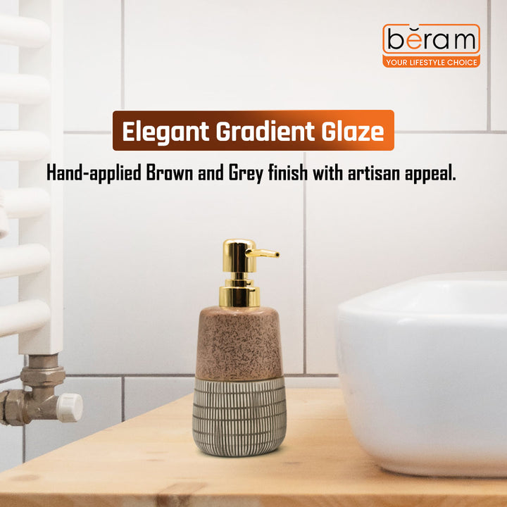 Beram 4 Piece Brown & Grey dotted check Ceramic Bathroom & Kitchen Accessory Set Textured Finish with Soap Dispenser Toothbrush Holder Tumbler & Soap Dish Artistic Handcrafted Look for Contemporary Bathrooms