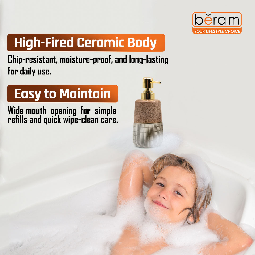 Beram 4 Piece Brown & Grey dotted check Ceramic Bathroom & Kitchen Accessory Set Textured Finish with Soap Dispenser Toothbrush Holder Tumbler & Soap Dish Artistic Handcrafted Look for Contemporary Bathrooms