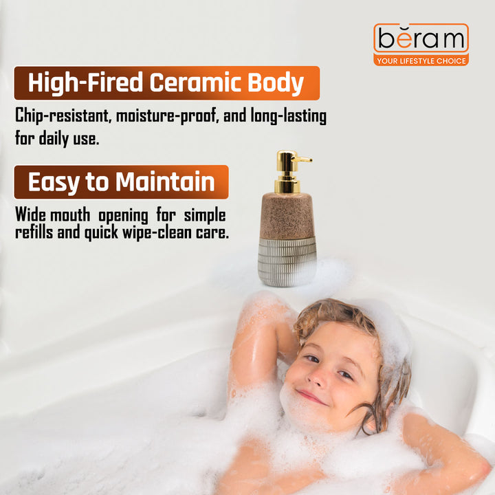 Beram 4 Piece Brown & Grey dotted check Ceramic Bathroom & Kitchen Accessory Set Textured Finish with Soap Dispenser Toothbrush Holder Tumbler & Soap Dish Artistic Handcrafted Look for Contemporary Bathrooms