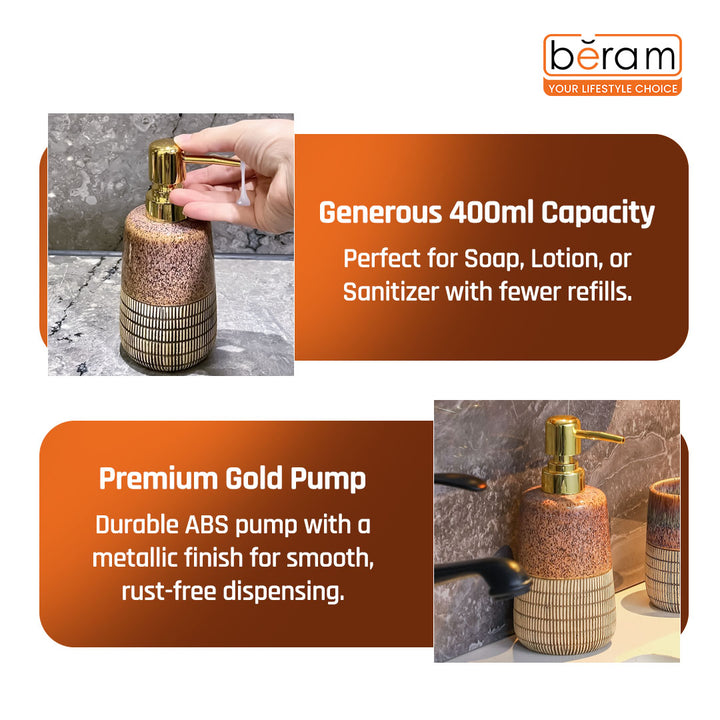 Beram 4 Piece Brown & Grey dotted check Ceramic Bathroom & Kitchen Accessory Set Textured Finish with Soap Dispenser Toothbrush Holder Tumbler & Soap Dish Artistic Handcrafted Look for Contemporary Bathrooms