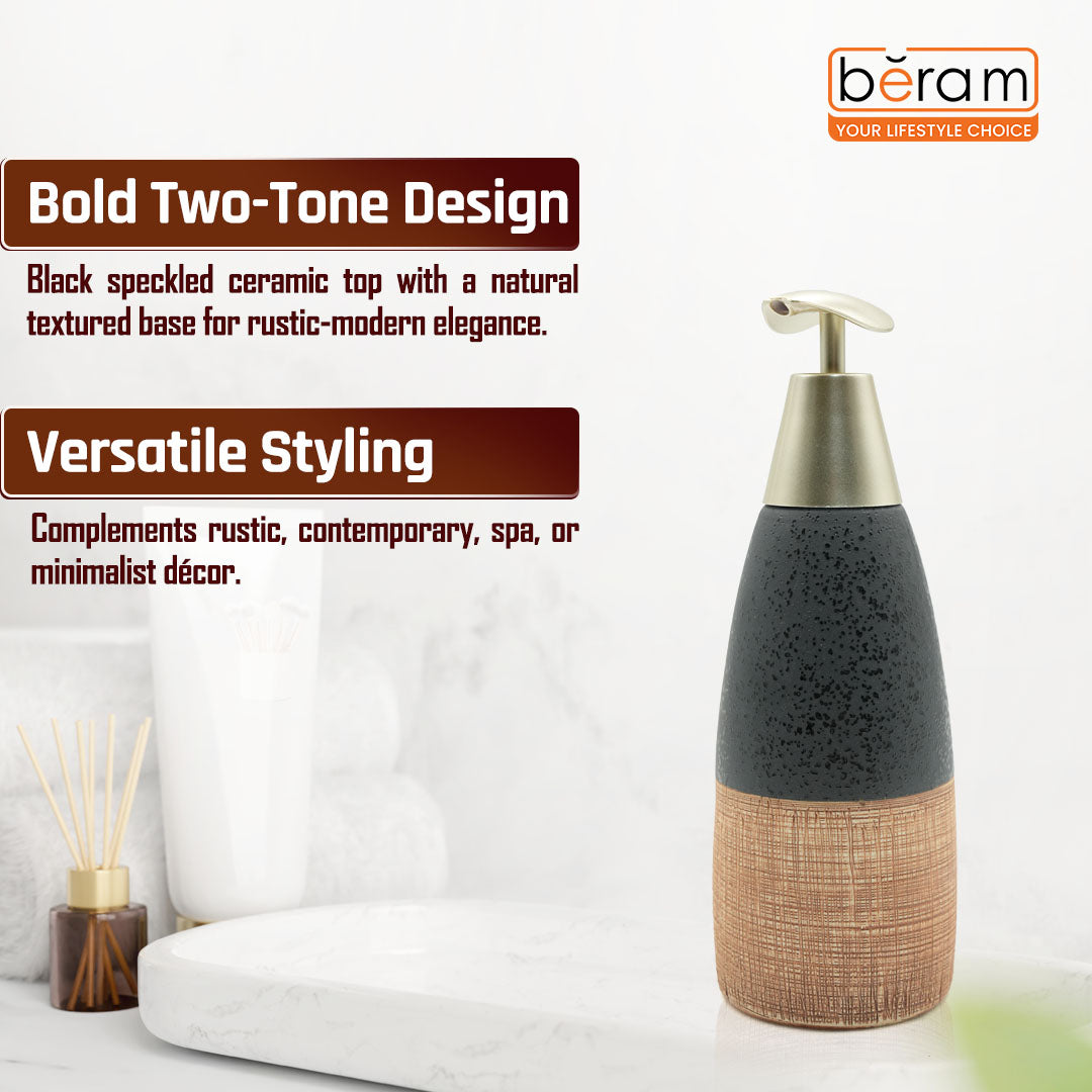 Beram Ceramic Soap Dispenser Hand Pump Bottle with Dotted Stripes Design Refillable Bathroom or Kitchen Countertop Accessory Elegant and Premium Touch