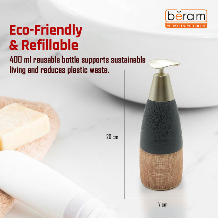 Beram Ceramic Soap Dispenser Hand Pump Bottle with Dotted Stripes Design Refillable Bathroom or Kitchen Countertop Accessory Elegant and Premium Touch