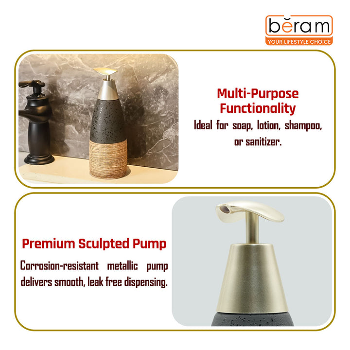 Beram Ceramic Soap Dispenser Hand Pump Bottle with Dotted Stripes Design Refillable Bathroom or Kitchen Countertop Accessory Elegant and Premium Touch