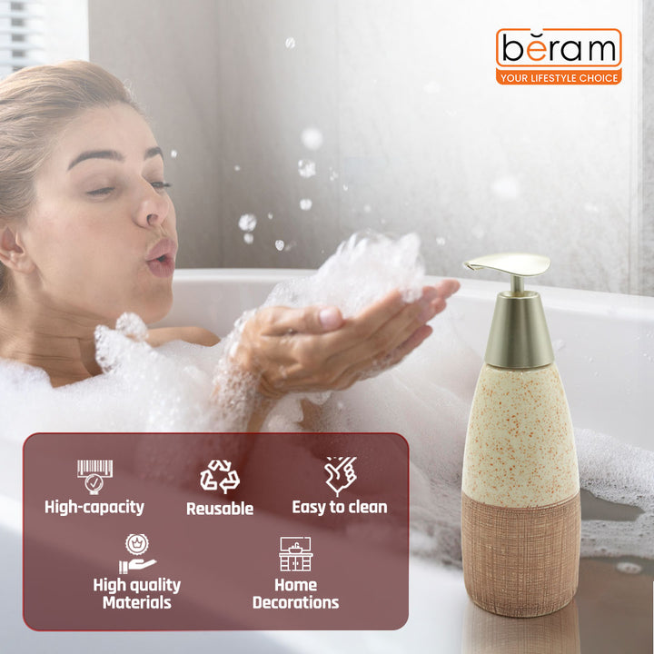 Beram Ceramic Soap Dispenser Hand Pump Bottle with Dotted Stripes Design Refillable Bathroom or Kitchen Countertop Accessory Elegant and Premium Touch